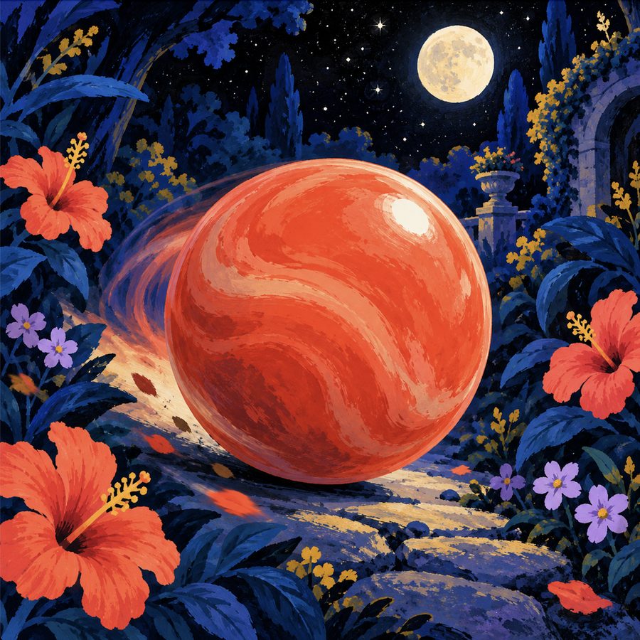 A coral tumbler rolling through a garden at night